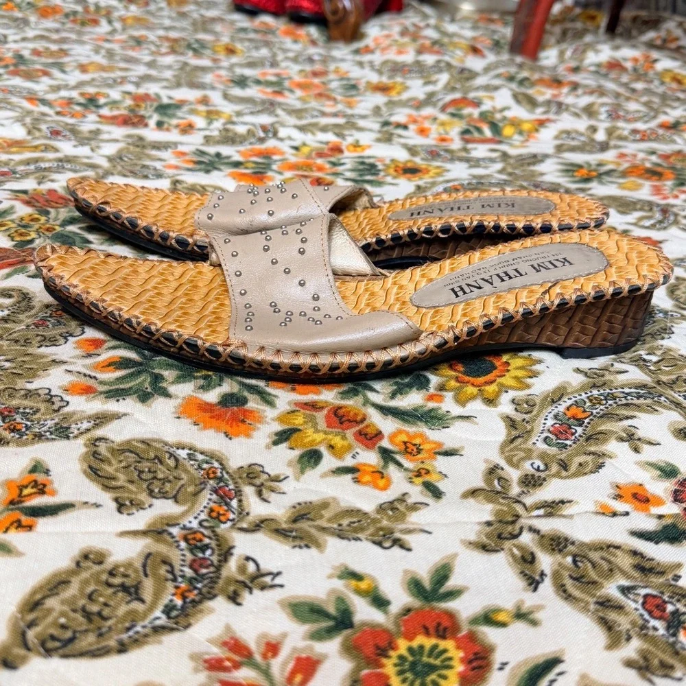 Kim Thanh‎ Woven Wedge Sandals Tan Studded Mules Women's Size 9